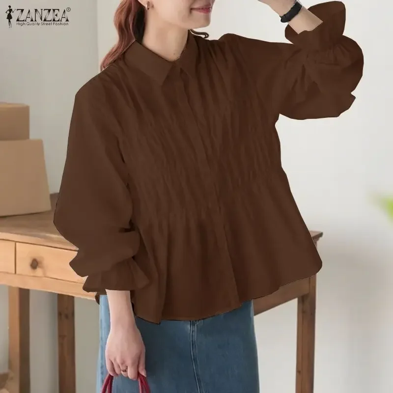 

ZANZEA Элегантные женские офисные рубашки с рюшами, модные топы 2026, весенняя однотонная блузка с длинными пышными рукавами и лацканами, женская одежда OL
