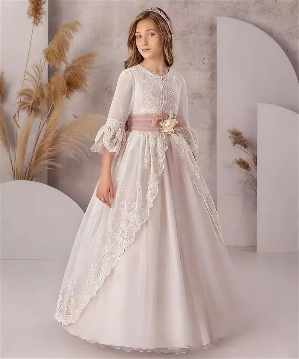 

Elegant Lace Princess Flower Girl Dress Kids Floral Belt Wedding Party Mini Bridesmaid Gown First Communion Dress Customized