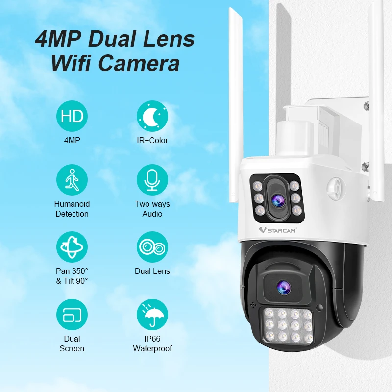 Vstarcam 2MP Dual-Lens Camera Dual-Screens Wifi Camera Outdoor HD 1080P AI Human Detection Night Vision 2-Way Audio IP Camera