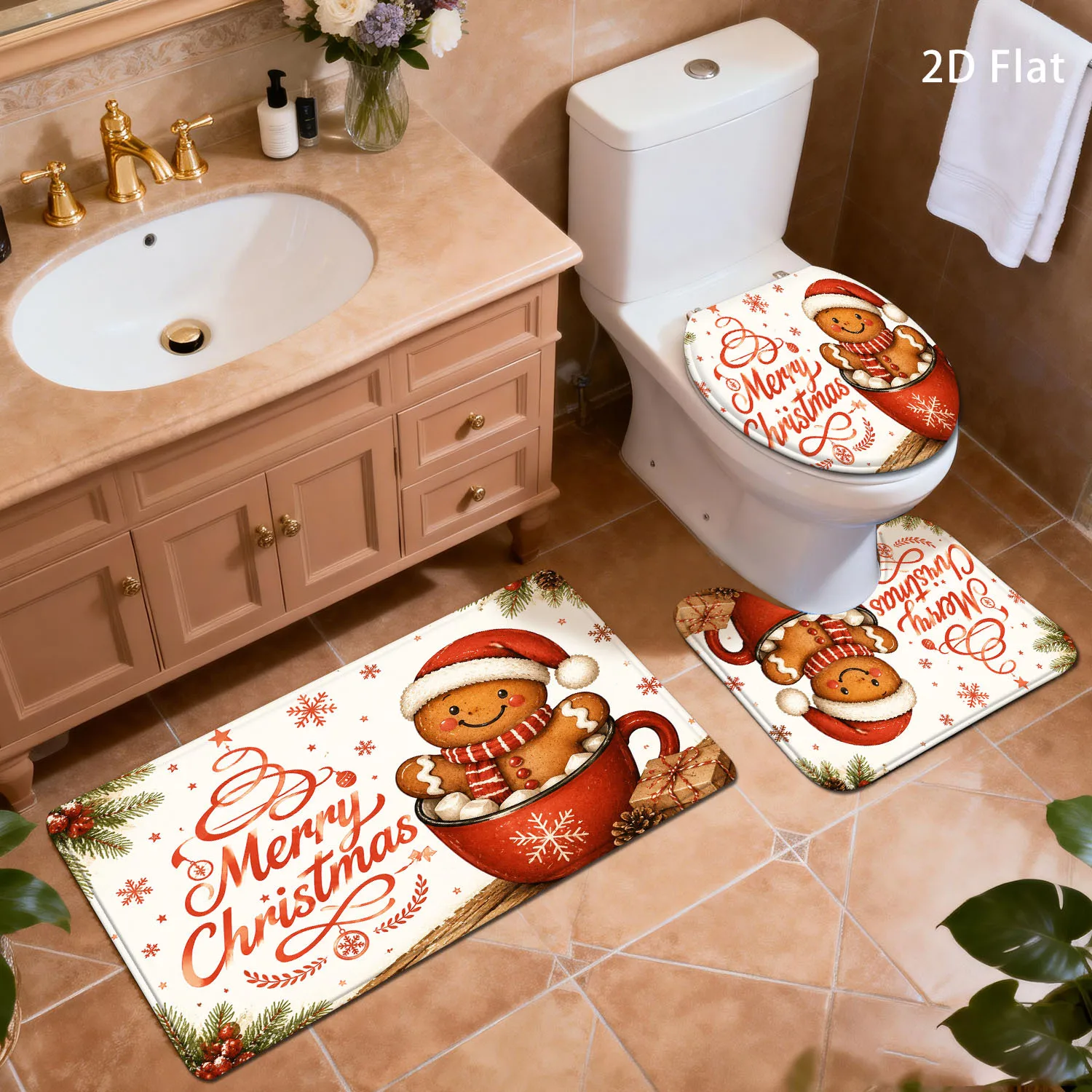 2D Flat Cup Gingerbread Man Christmas Bathroom Mat Set, 3pcs, Snowflake Holly Berry Xmas Holiday Decor for Bathroom