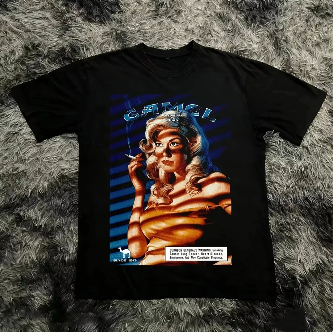 Vintage Camel Pleasure To Burn Pin Up Girl 90s  Graphic Tee Cotton Mens Womens T-Shirt Summer Streetwear