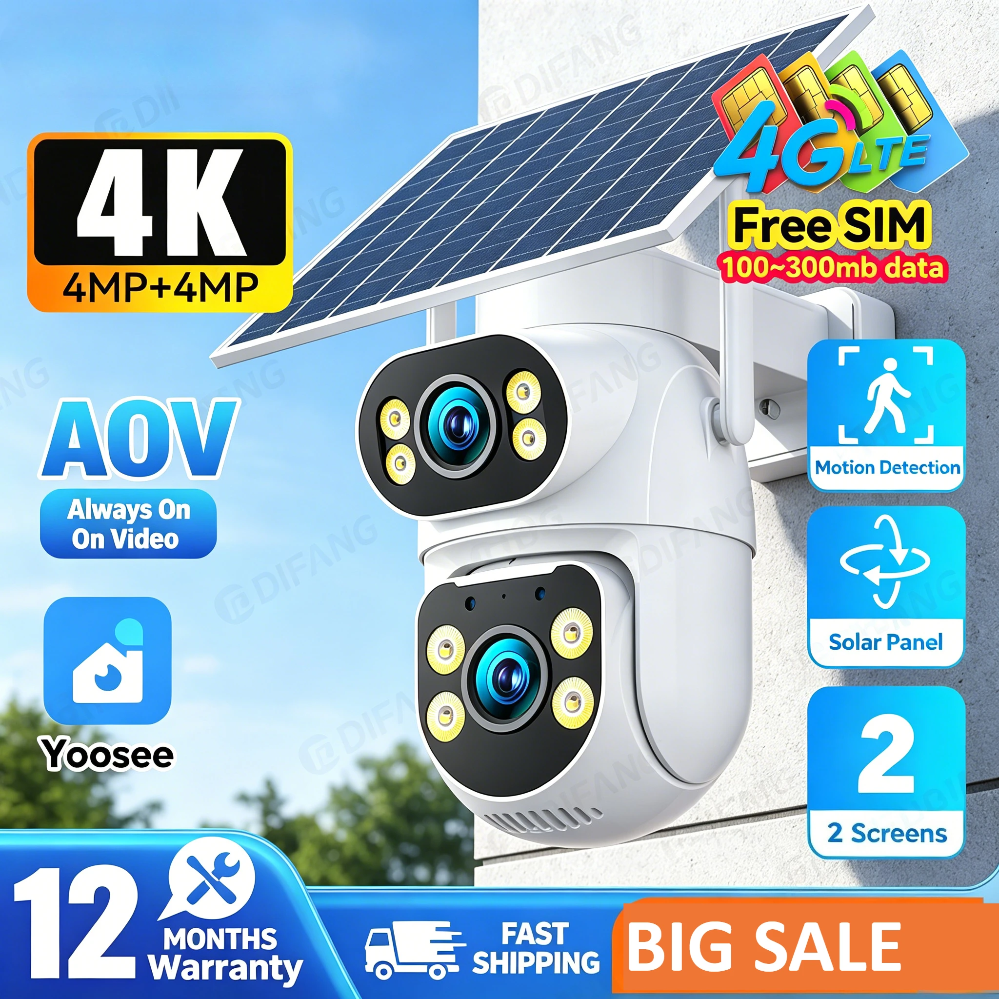 Yoosee 4G LTE Solar Security Camera No WiFi Needed AOV 24/7 Dual Screen 2K Color Night Vision IP66 Outdoor Surveillance Cam