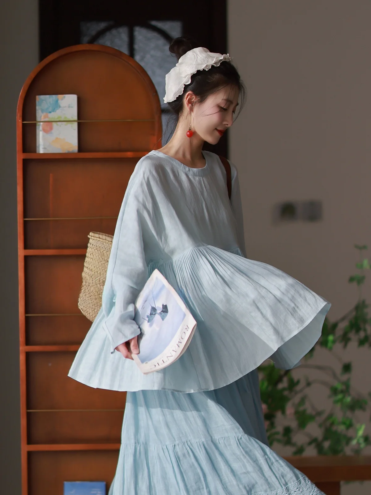 

Moadai Original Women's irt Spring New Slimming Draped Accordion Pleat Linen Casual Loose Fit Long Sve Artistic Sle