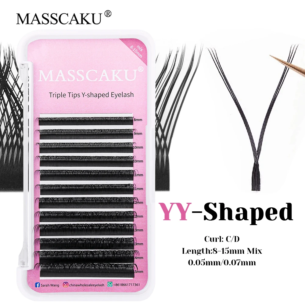 

Wholesale MASSCAKU C D Curl Korea PBT Fiber YY Shaped Eyelashes 3D Effect Hand-woven Triple Split Tips Y Design Lashes in Stock