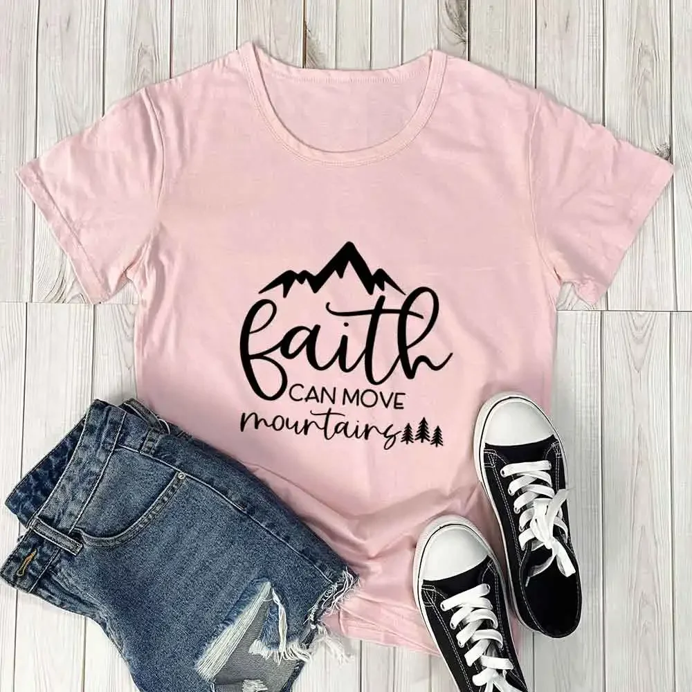 Short Sleeve Print Clothing Women's T-Shirt Faith Can Move Mountains Christian Shirt Cotton Women Tshirt  Summer Casual  Top