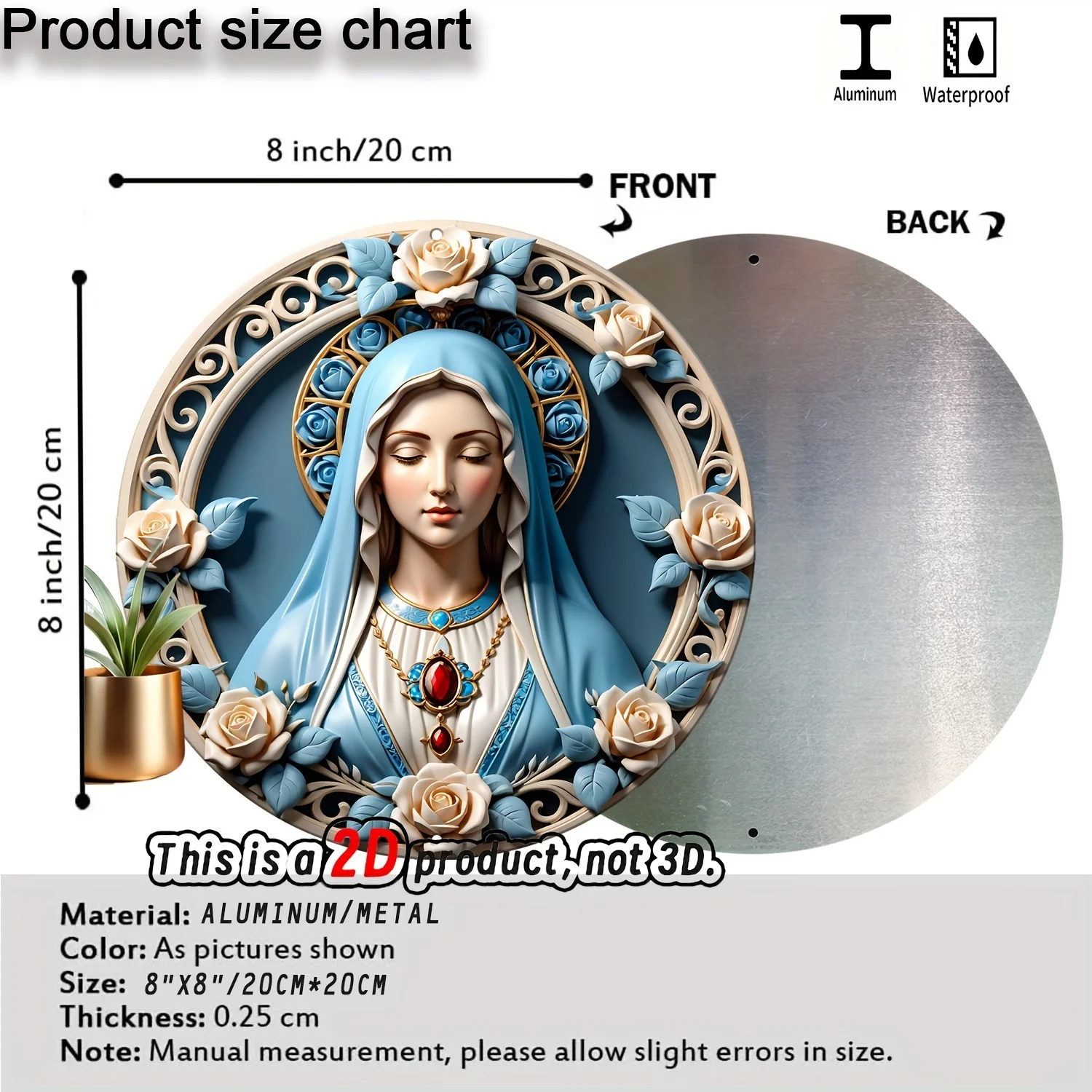 Unique 8 x 8 Inch \'Virgin Mary\' Rose Circular Wall Decoration Art, Seasonal Festival Gift, Aluminium Material