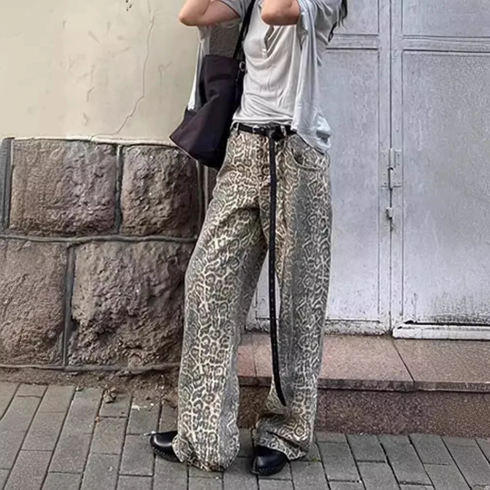 

Джинсовые брюки с леопардовым принтом в стиле ретро, прямые брюки с высокой талией, женские модные брюки, весна 2023, цифровая печать