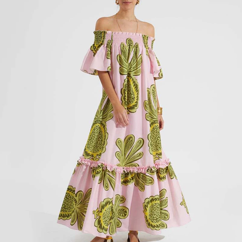 

Женское плиссированное платье с цветочным принтом, длинное платье с оборками и вырезом лодочкой, шикарное летнее свободное платье Бохо с коротким рукавом