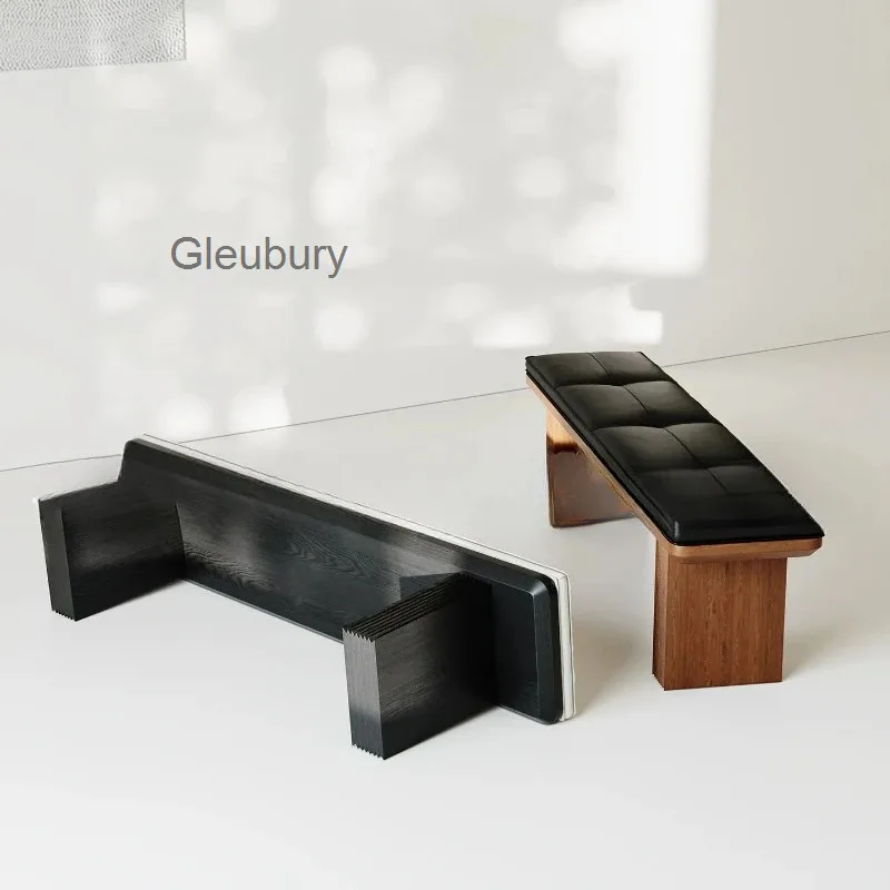 Leather Vintage Wood Frame Padded Bench Curved Long Stool Entryway Footrest Bench Home Bedroom Furniture