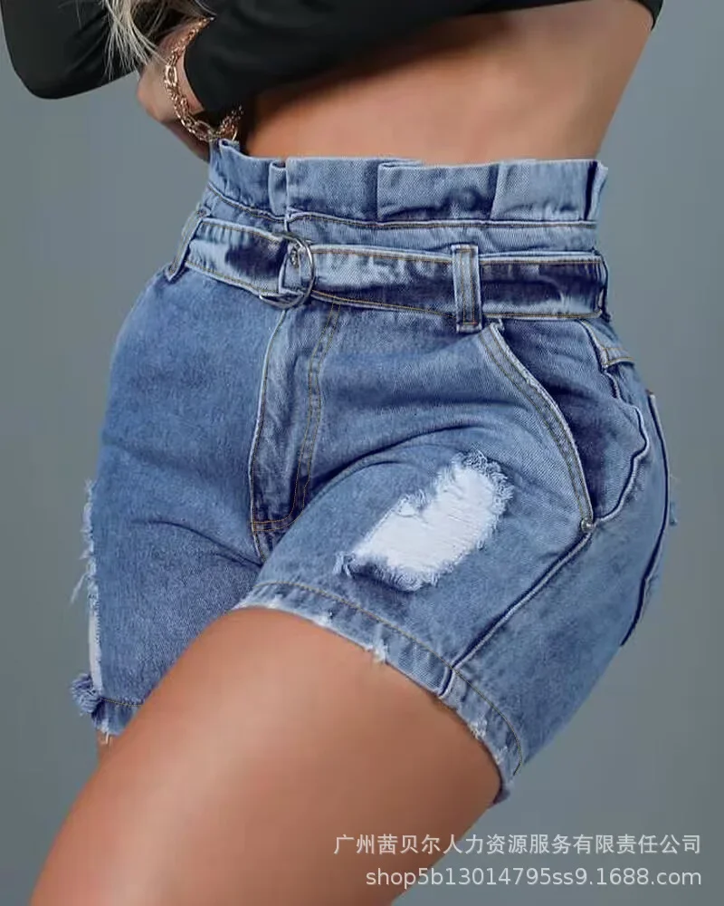 2023 Womens Jeans Ruffled Stitching Strap Hole Tight Denim Shorts for Women