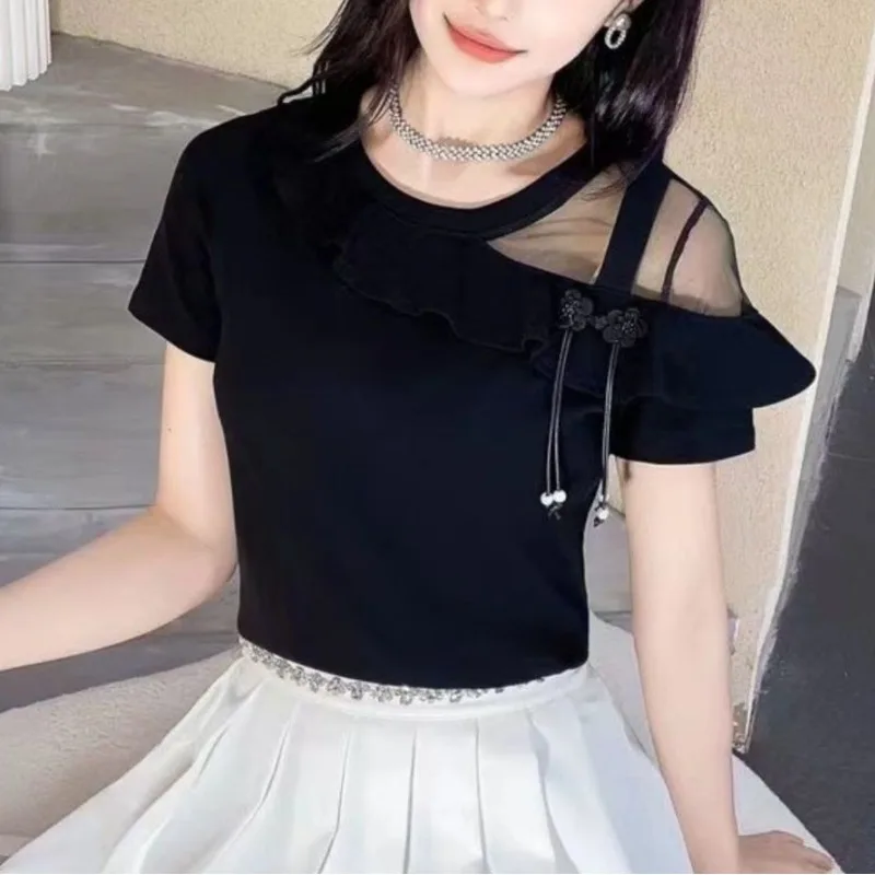 Women\'s Summer 2024 New Korean Commute Sweet Solid Color Spliced Gauze Off Shoulder Ruffles Round Neck Short Sleeve T-shirt Tops