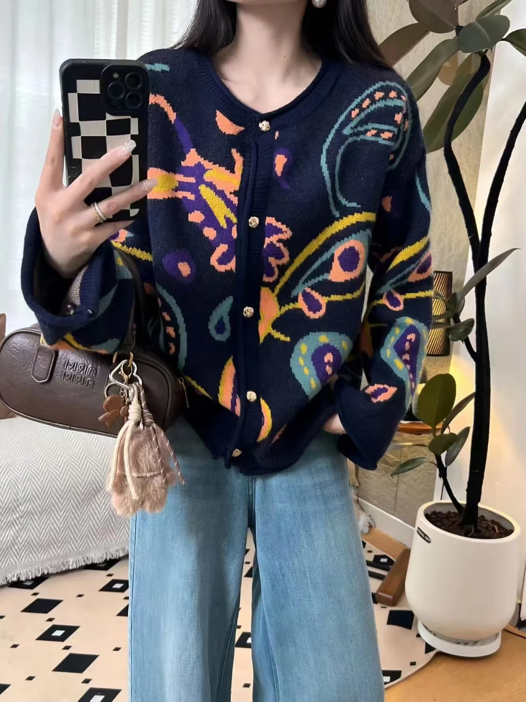 Maglieria retrò Inizio autunno Cardigan allentato inizio autunno Coreano Sle Pianta Fiore Modello rotondo Ne Cappotto con bottoni per le donne