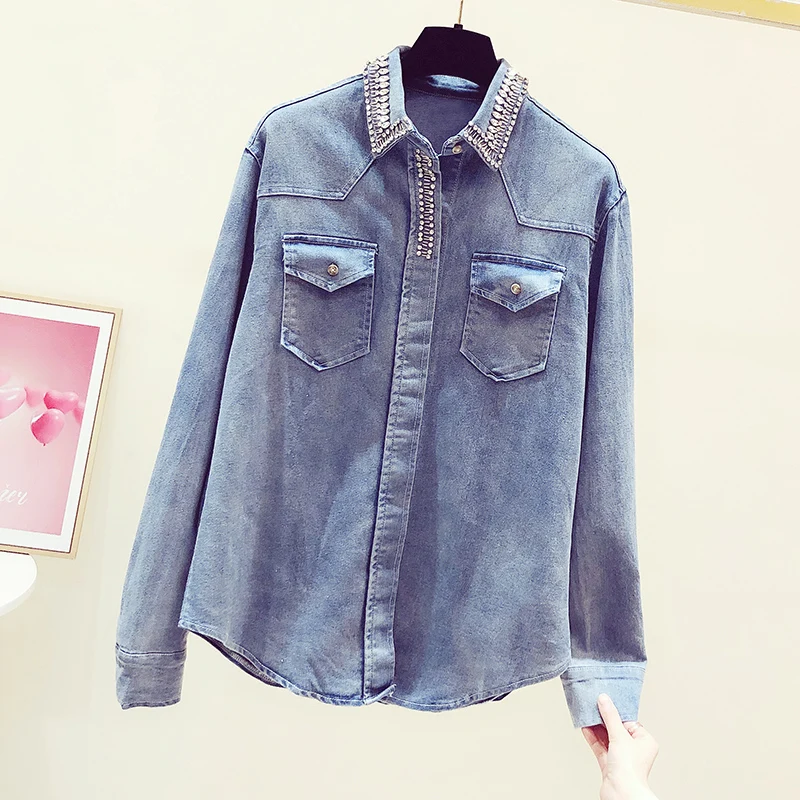 Exquisite Rhinestone Button Up Denim Shirt for Women 2022 Spring New Fashionable All-Match Long Sleeve Jean Blouse Ladies Top