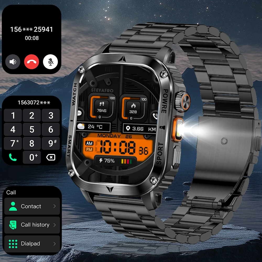 

2025Новые мужские умные часы, аккумулятор 400 мАч, водонепроницаемый фонарик IP67, удобный большой экран SOS 2.01 дюйма, уличные умные часы