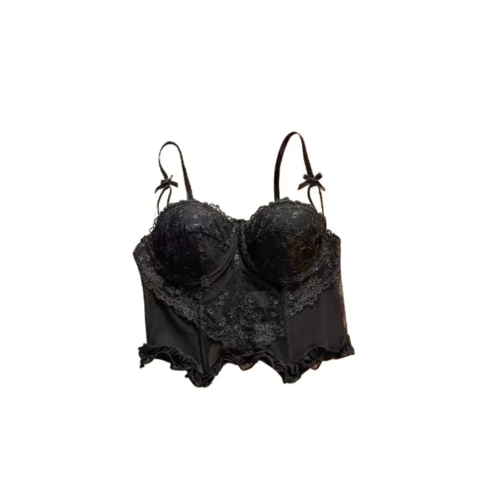 

Elegant Mesh Lace Flower Camisole Transparent Ruffle Lace Bow Corset Sleeveless Sweet Suspender Vest Travel