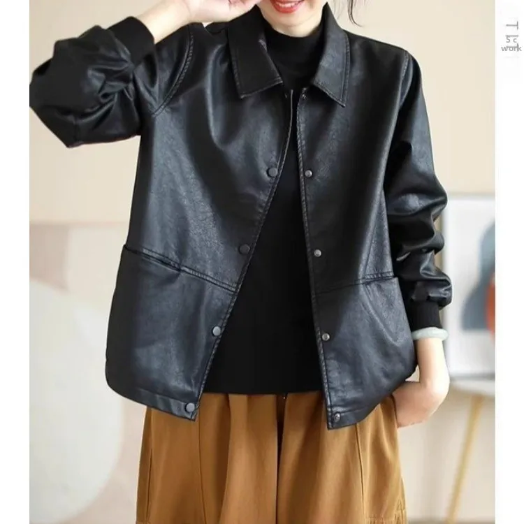 Casual Loose PU Leather Jacket Women's Fashionable Mom Clothes Spring Autumn New Style Short Outerwear for Middle-Aged Women