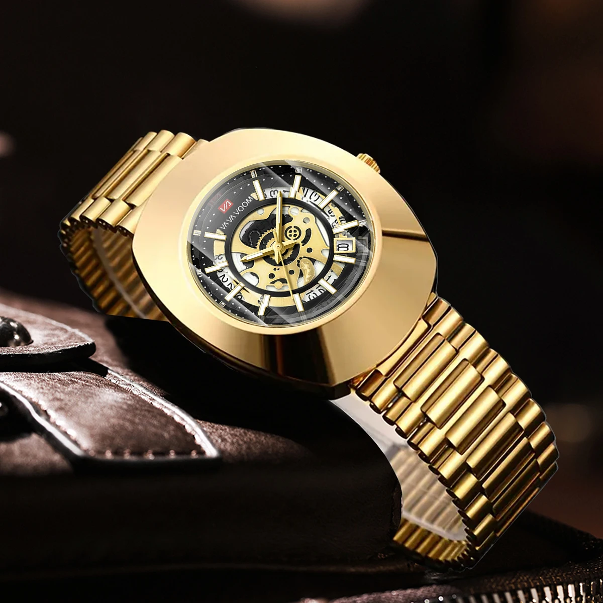 2025 جديد فاخر الرجال ساعة موضة بيضاوي الشكل الجوف الهاتفي الفولاذ المقاوم للصدأ حزام الترفيه الأعمال الأصلية ساعة يد تعمل بالحركة للرجال