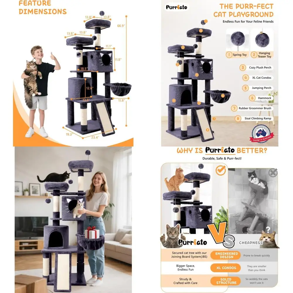 

Многоуровневая кошачья башня для дома с сизалевыми стойками, гамаком и жердонами для больших кошек