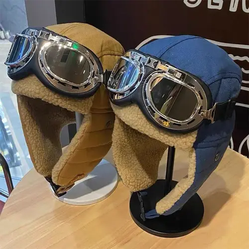 Imagen 2 del producto Gorro militar de invierno con gafas a prueba de viento, gorro con orejeras peludas, calentador de orejas de aviador, gorro acolchado para clima frío, gorro de cazador, orejeras