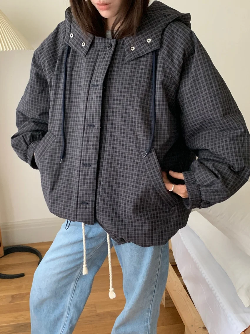 Parki damskie Alien Kitty z bawełny, klasyczne z kapturem, zimowe, codzienne, nowe, w kratę, luźne, szykowne, minimalistyczne, delikatne, do biura, na co dzień, model 2026.