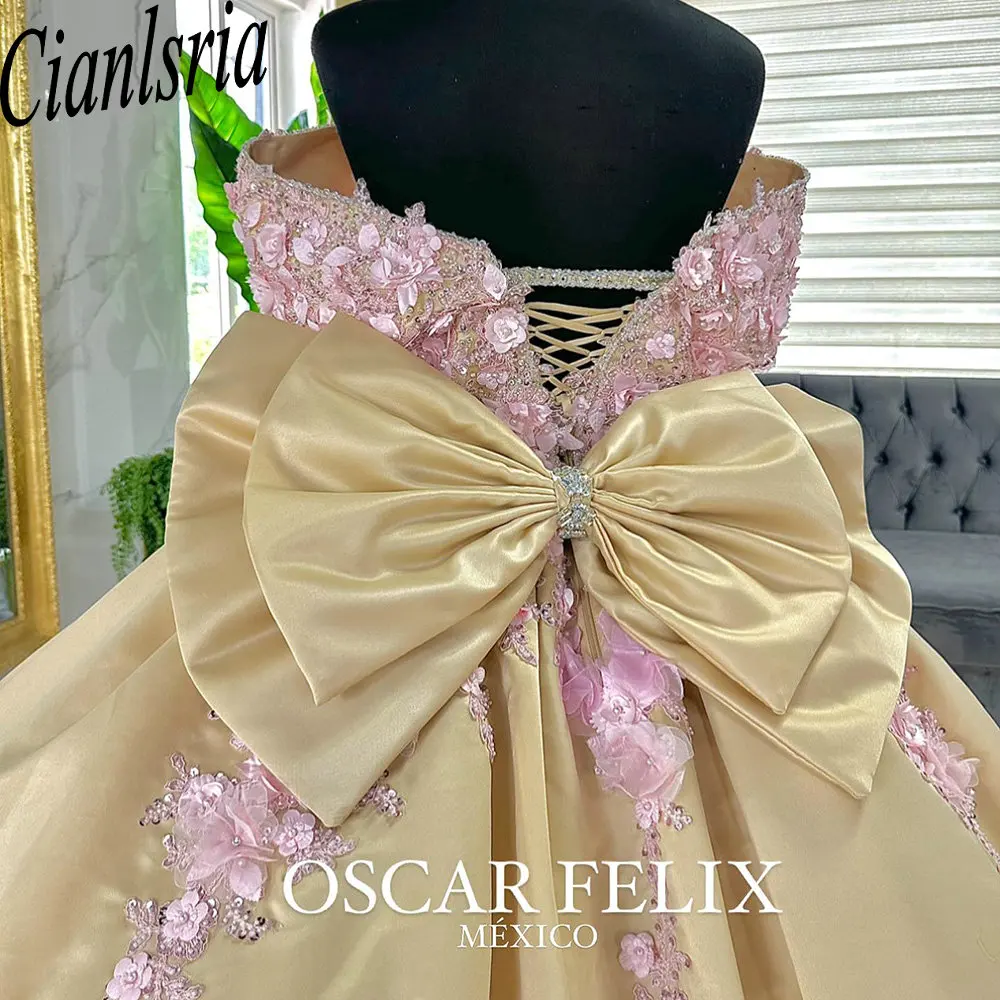 Gold Princess Off The Shoulder Ball Gown Quinceanera Dresses With Pink 3D Flowers Appliques Beading Corset Vestidos De 15 Años