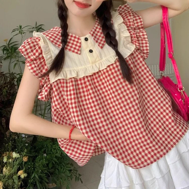 Women Trendy Vintage Plaid Print Patchwork Ruffles Blouses Summer Sweet Kawaii Chic Short Sleeve Shirts Female Casual Loose Tops