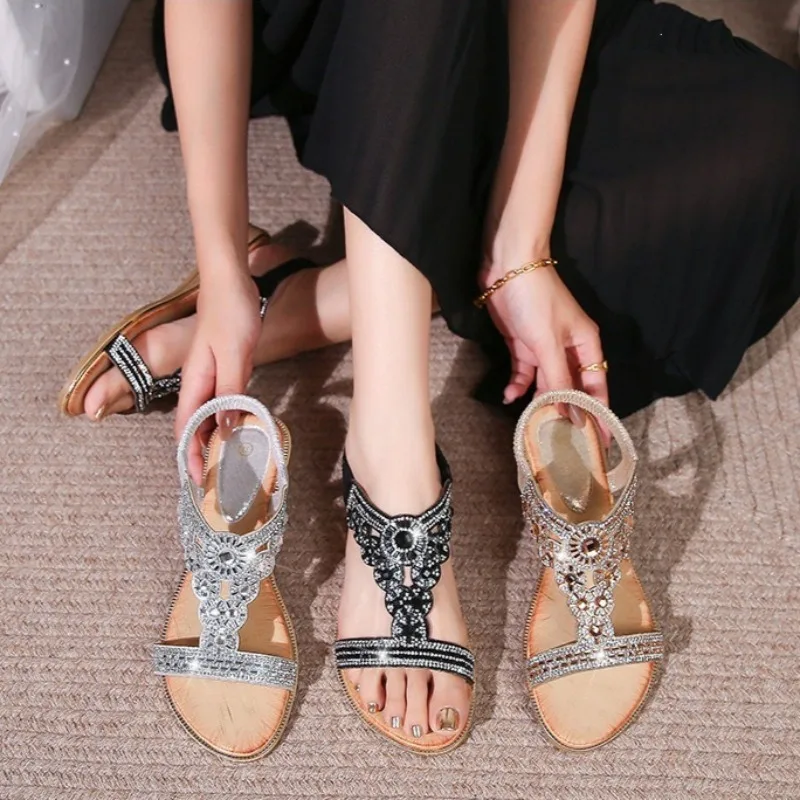 Women Sandals Luxury Shining Rhinestone Casual Sandals Summer Bohemian Vacation Style Beach Sandal Summer Open-toe Flat Sandals