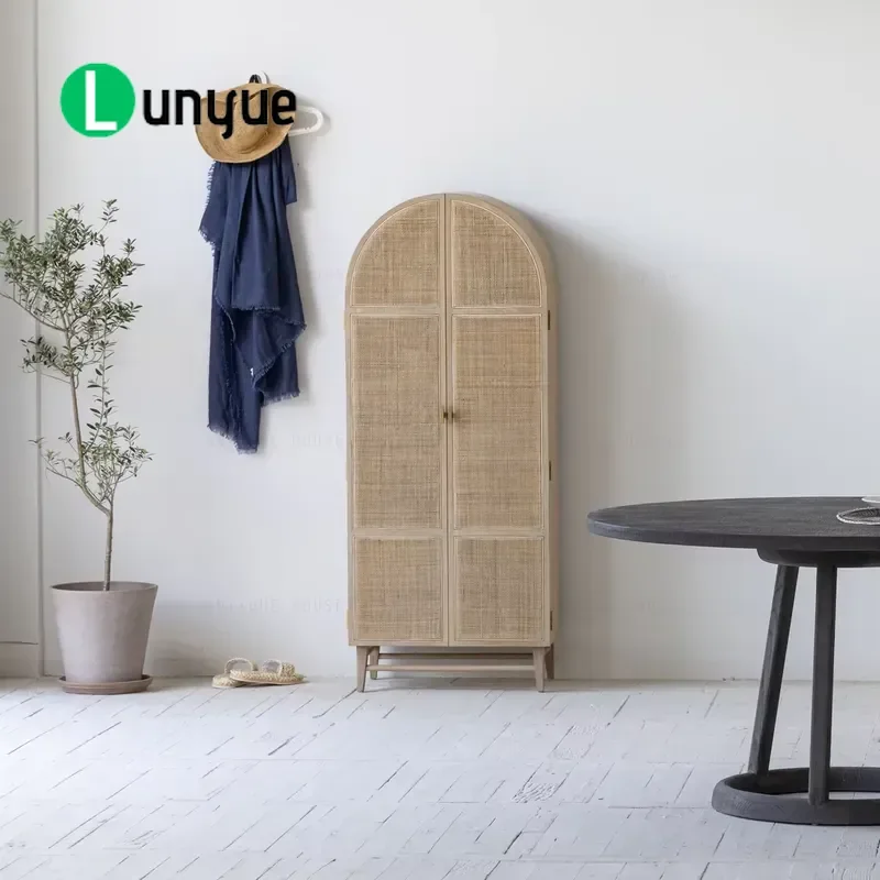 Natural Oak Rattan Curved Storage Cabinet Bohemian Organic Wooden Furniture for Living Room Bedroom Home Decor Eco Friendly
