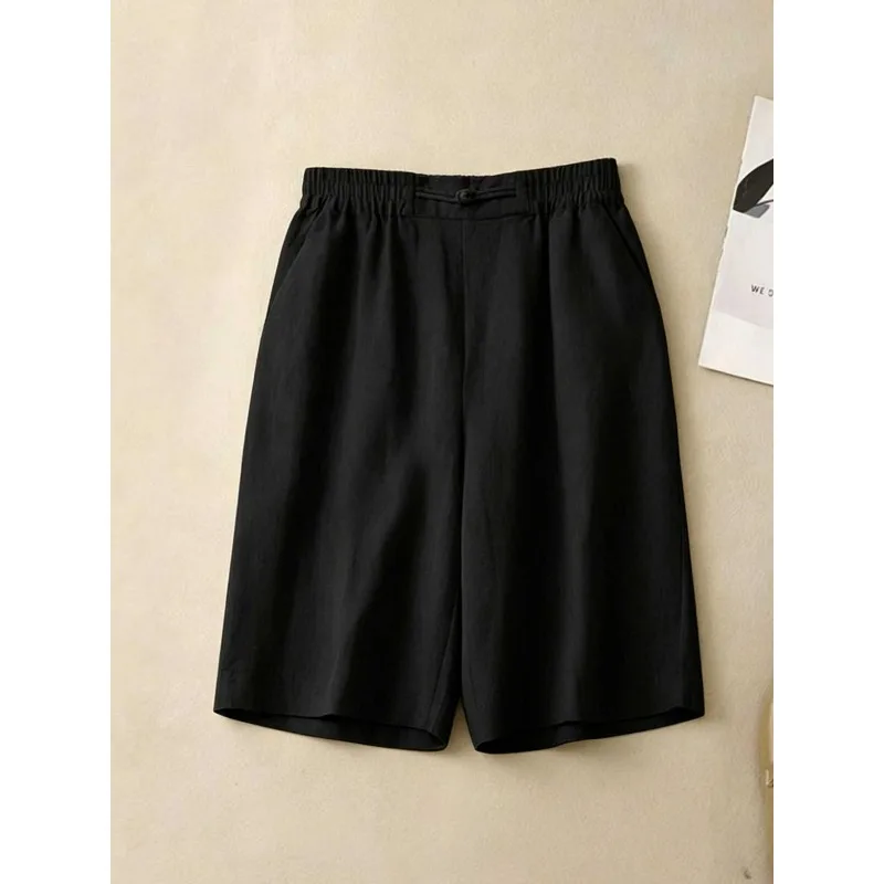 Summer Linen Breathable Shorts for Women, High Waist, Loose, Straight, Medium Length, Multi functional, Casual, Wide Legs