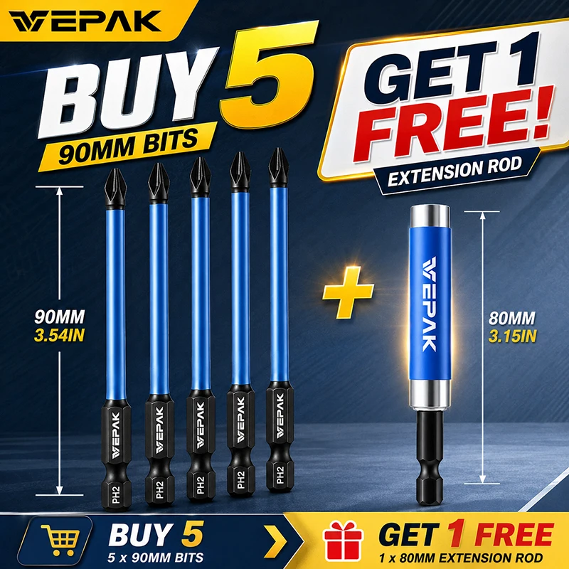 VEPAK PH2 Screwdriver Bits Set 5Pcs 90mm S2 Steel Magnetic Drill Bits + 80mm Magnetic Bit Holder Anti‑Slip Impact Driver Bits