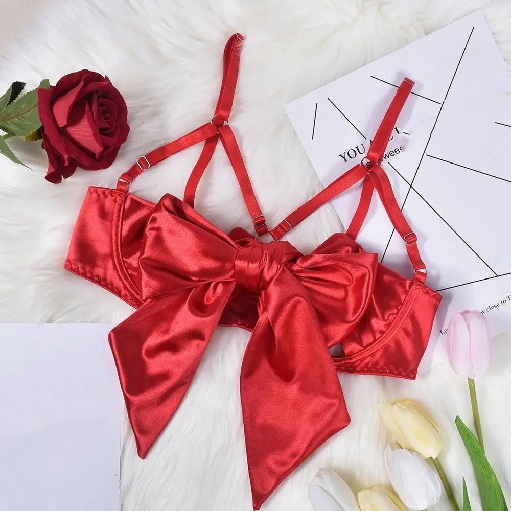 

Pajamas Bow Underwear Three Piece Set Ruffle Women Lingerie Satin Silk Bra Suit Sweet Hollow Out Women Lingerie Set Home