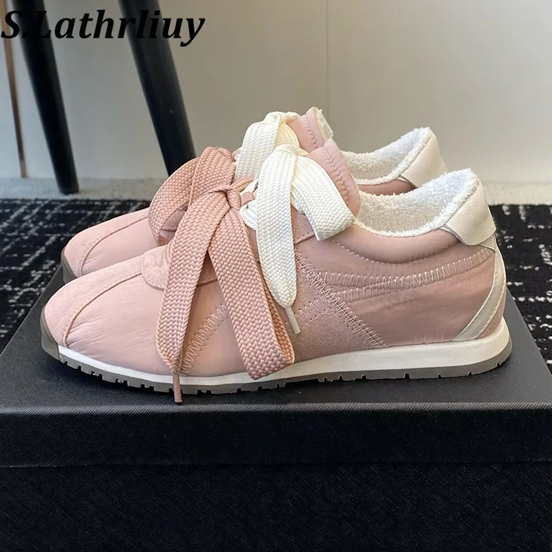

Winter Round Toe Flat Heel Thick Sole Sneakers Women Solid Color Lace Up Tennis Shoes Warm Real Wool Walking Shoes Casual Shoes