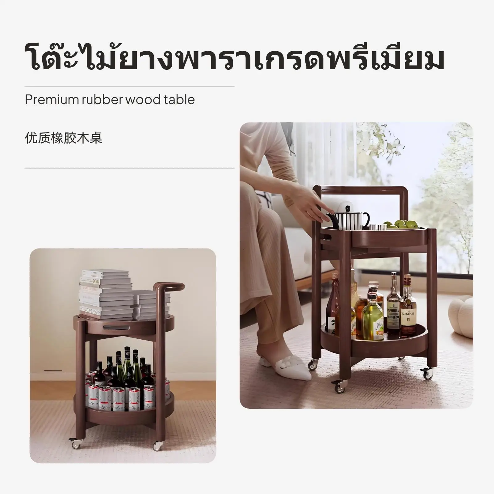 Two Tier Movable Coffee Table Sofa Side Table Rubber Wood Storage Rack for Furniture Living Lounge