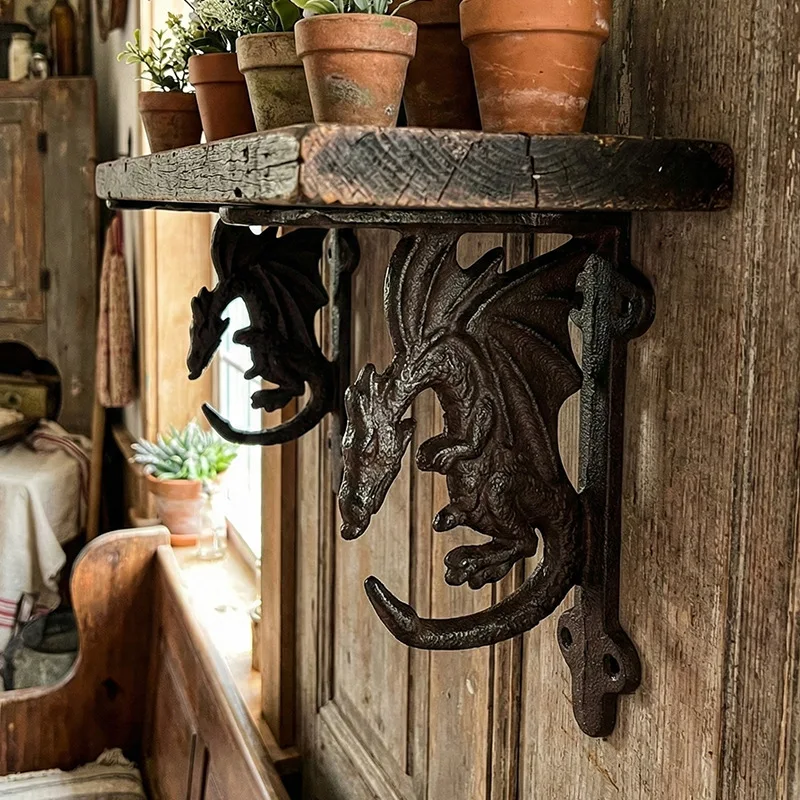 Vintage Drachen-Verzierter Gusseisen-Regalträger, Dekorativer Dreieckiger Bücherregal-Halter für Wandmontierte Schweberegale