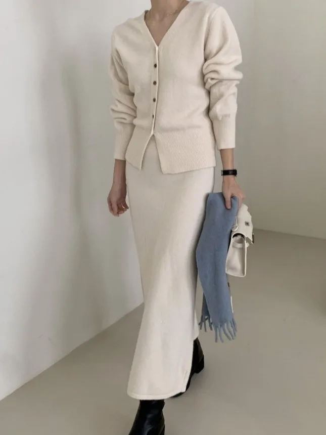 Autumn Winter V-Neck Single Button Knitted Cardigan Women's High Waist Bodycon  Skirt Korean Style Fashion Set