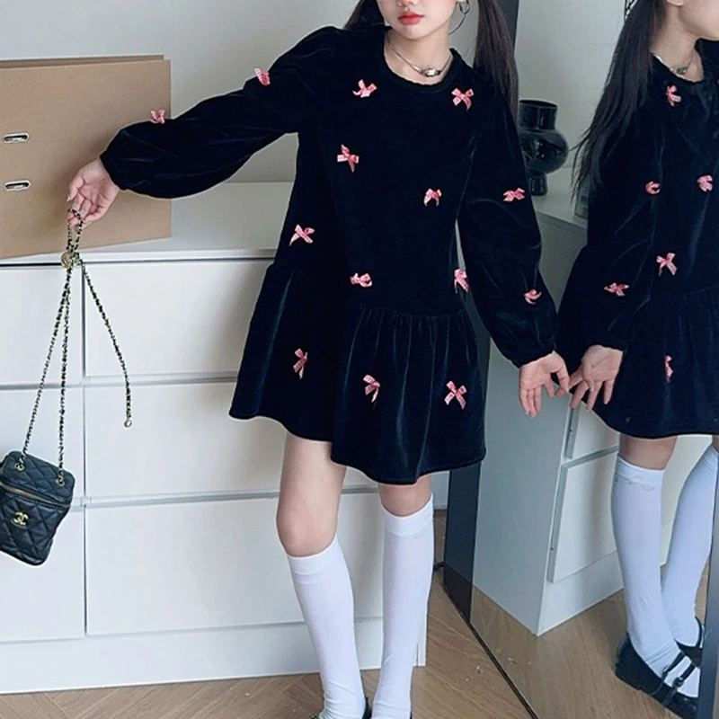 Girls\' Velvet Dress Spring and Autumn New Style Bow Sweet Cool Girls\' Black Velvet Dress Bottom Round Neck Christmas Festival