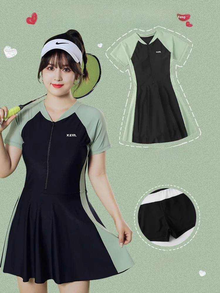 

Sporty One-Piece Swimsuit for Women plus Size Conceals Belly Flattering Thermal Bath Student Suit Skirt Style Nylon Lycra Pol...