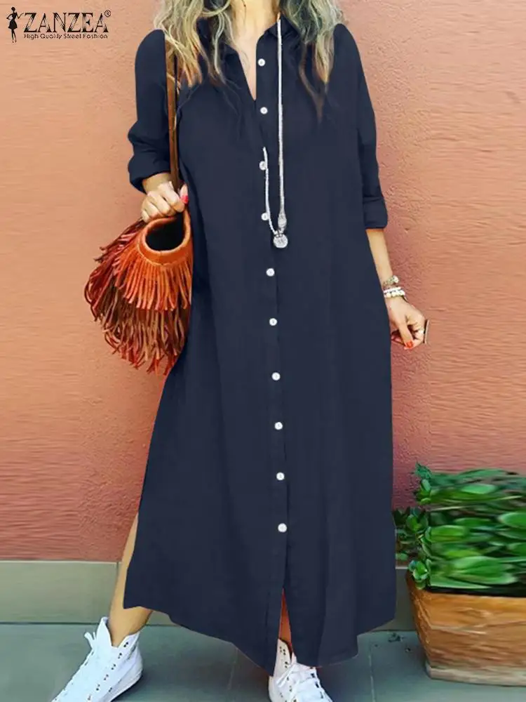 

ZANZEA Stylish Women Long Shirt Dress Autumn Lapel Neck Long Sleeve Kaftan Sundress Robe Femme Solid Buttons Down Work Vestidos