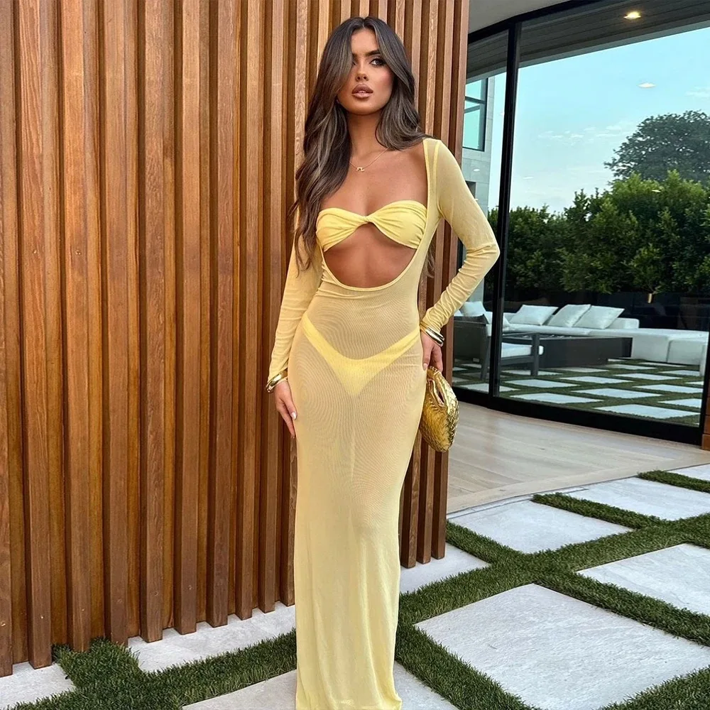 

Women Sexy Summer Holiday Beach 3 Piece Set Two Pieces Bikinis + See Through Mesh Long Sleeve Maxi Dress Vacation Bathing Suits