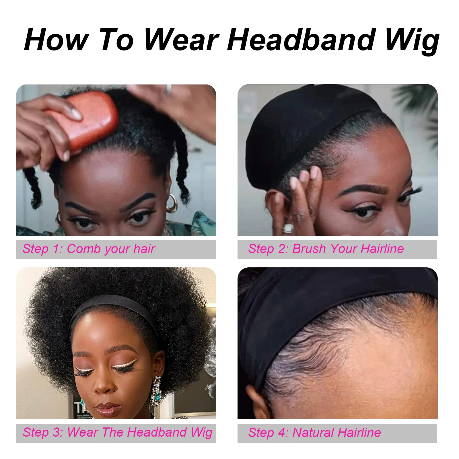 8（inch） Large Puff Synthetic Wig Afro Headband Hair Machine Made for Black Women Lady Girl Daily Party Dating Use (1B)