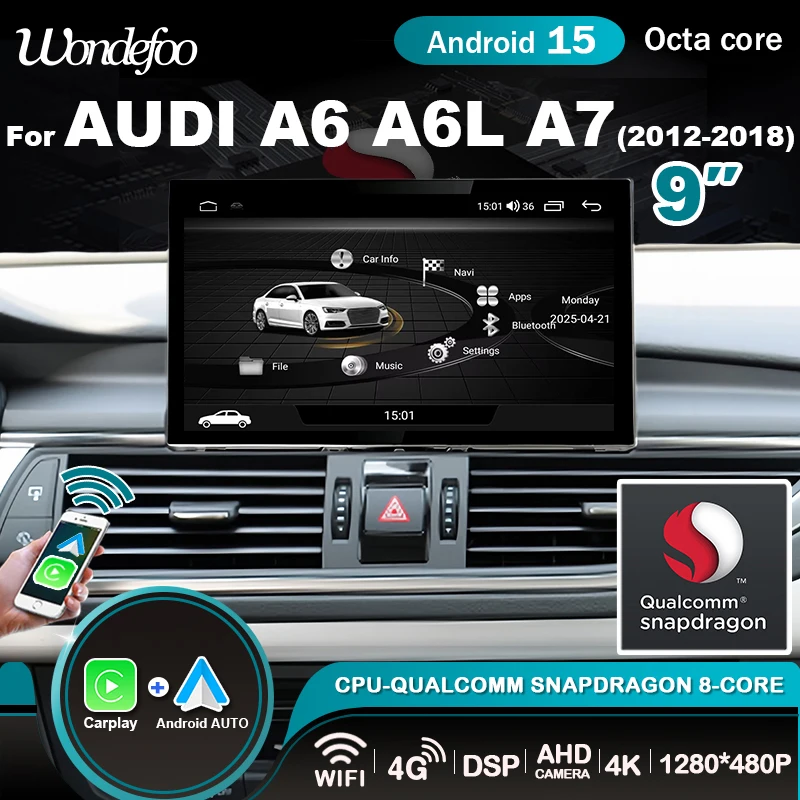 Autoradio Android 15 con Snapdragon 8 CORE, Carplay Wireless Automatico, Schermo per Audi A6 C7 A7 2012~2018, Stereo GPS, Lettore Multimediale BT