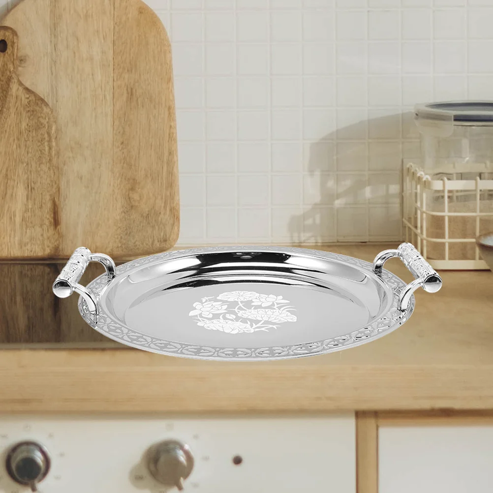 

Round Patterned Tray Stainless Steel Plastic Snack Plate For Kitchen Storage Serving Bread Plate Trinket Tray Vanity