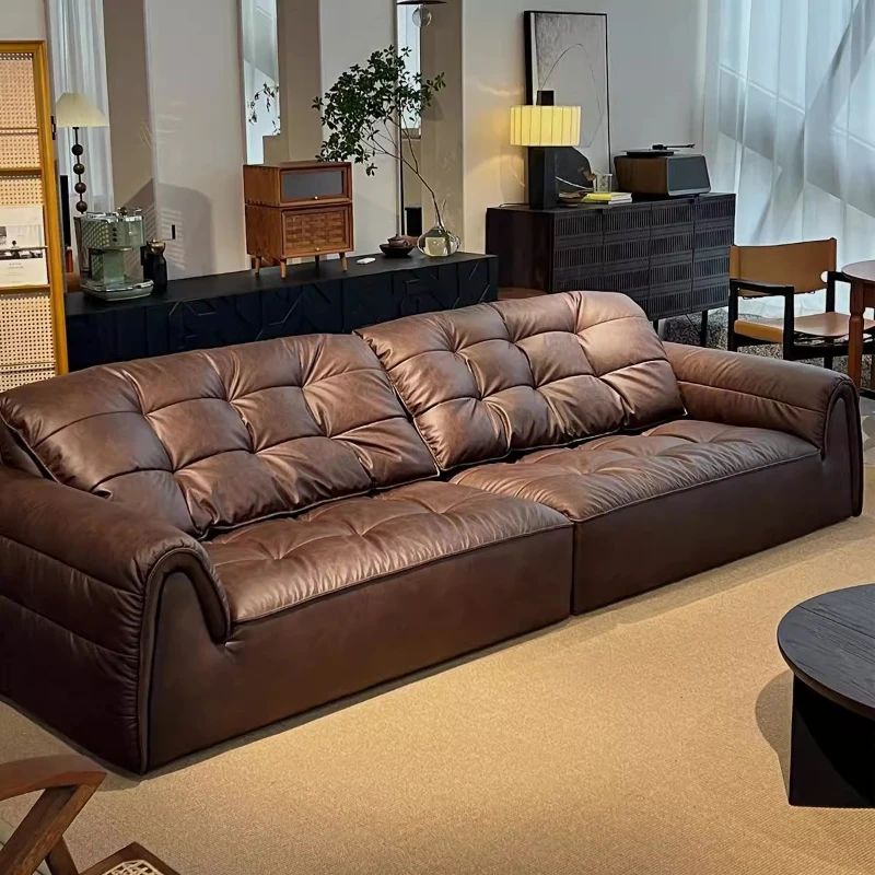 

Leather cloth retro sofa oil wax leather down sofa medieval living room mix and match
