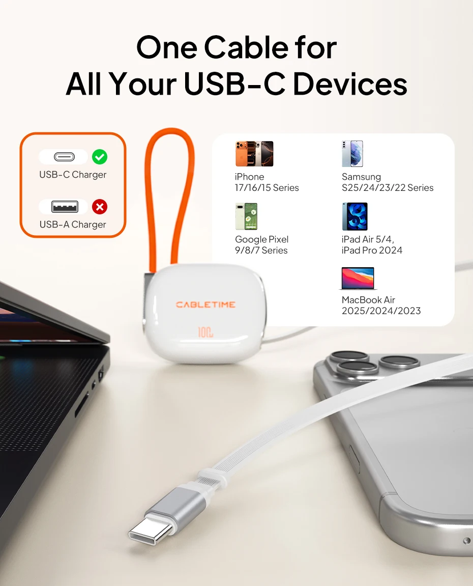 CABLETIME 100W USB-C zu USB-C Kabel Einziehbares Kabel PD-Kabel Schnellladung für iPhone 17 Samsung HUAWEI Reisekabel – Detail 12