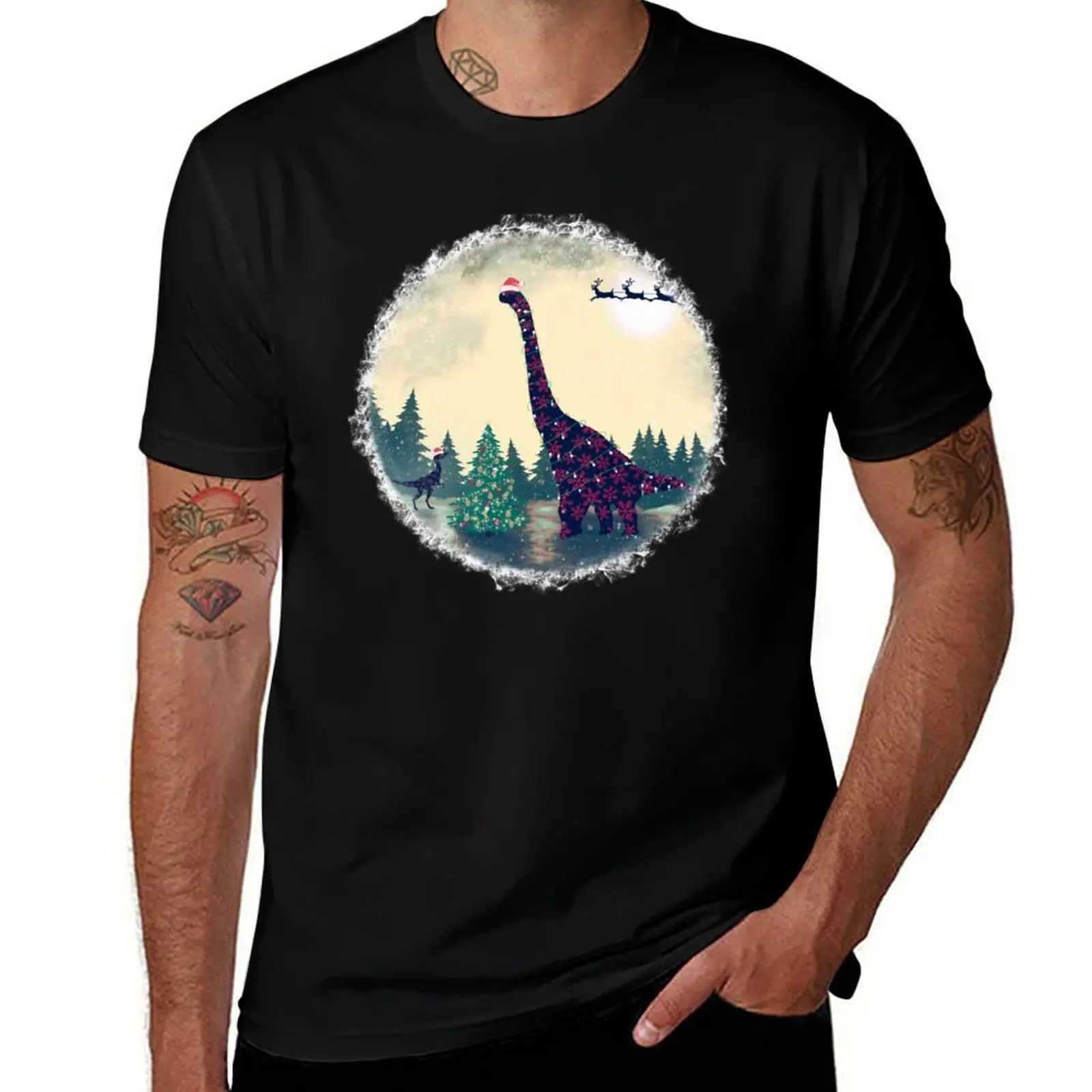 

Brontosaurus and Velociraptor Christmas T-Shirt cotton graphic tees oversized t shirt blue lock Men's t-shirts