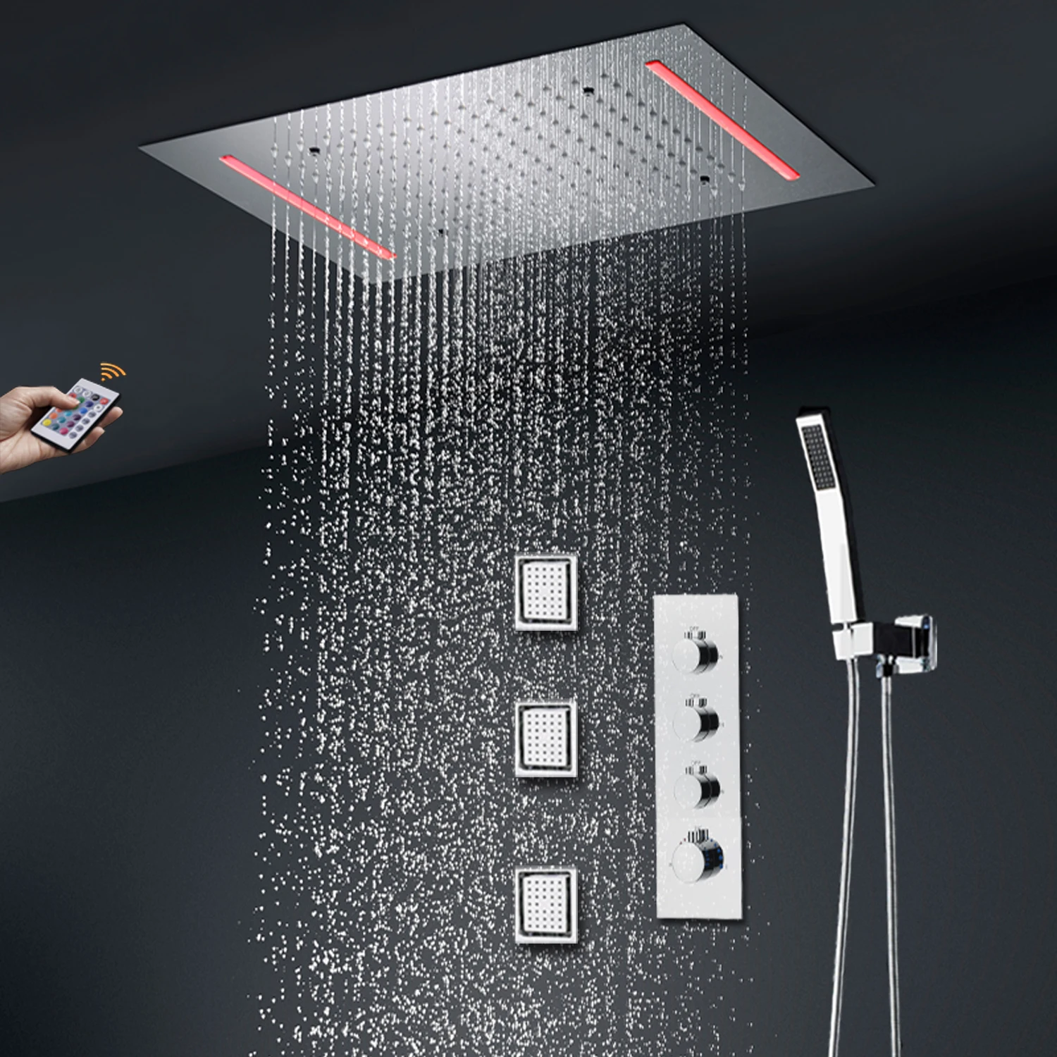 

Massage Body Jet Shower Set LED Thermostatic Bathroom Rainfall Showerhead 360x500mm Chrome Surface