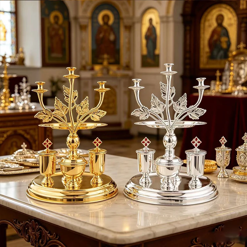 Orthodox Holy Eucharist Communion Set Silver Plated 3 Arms Candlestick Ciborium Chalice Liturgical Supplies for Church Priest