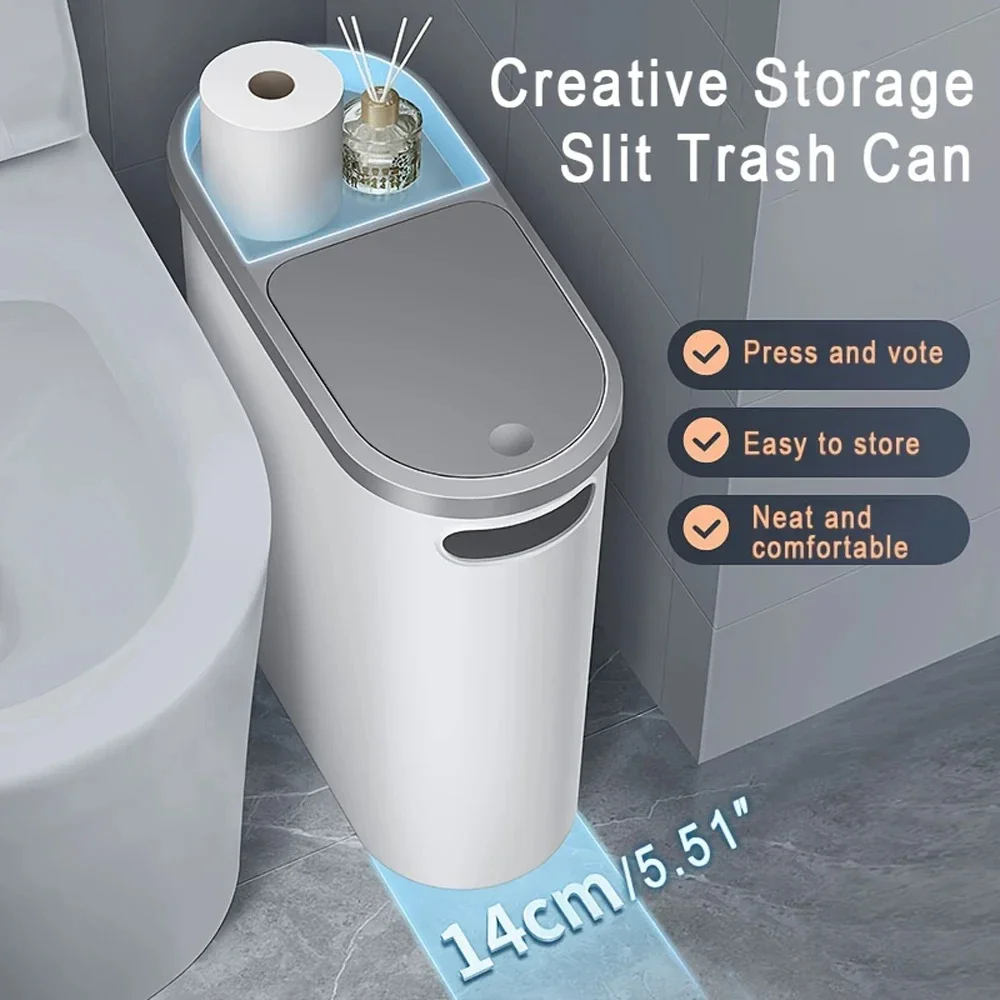 

Slim Plastic Trash Bin With Lid,Easy Press-Top,Space Saving Design, Suitable For Bathroom Kitchen Living Room,Simple Solid Color