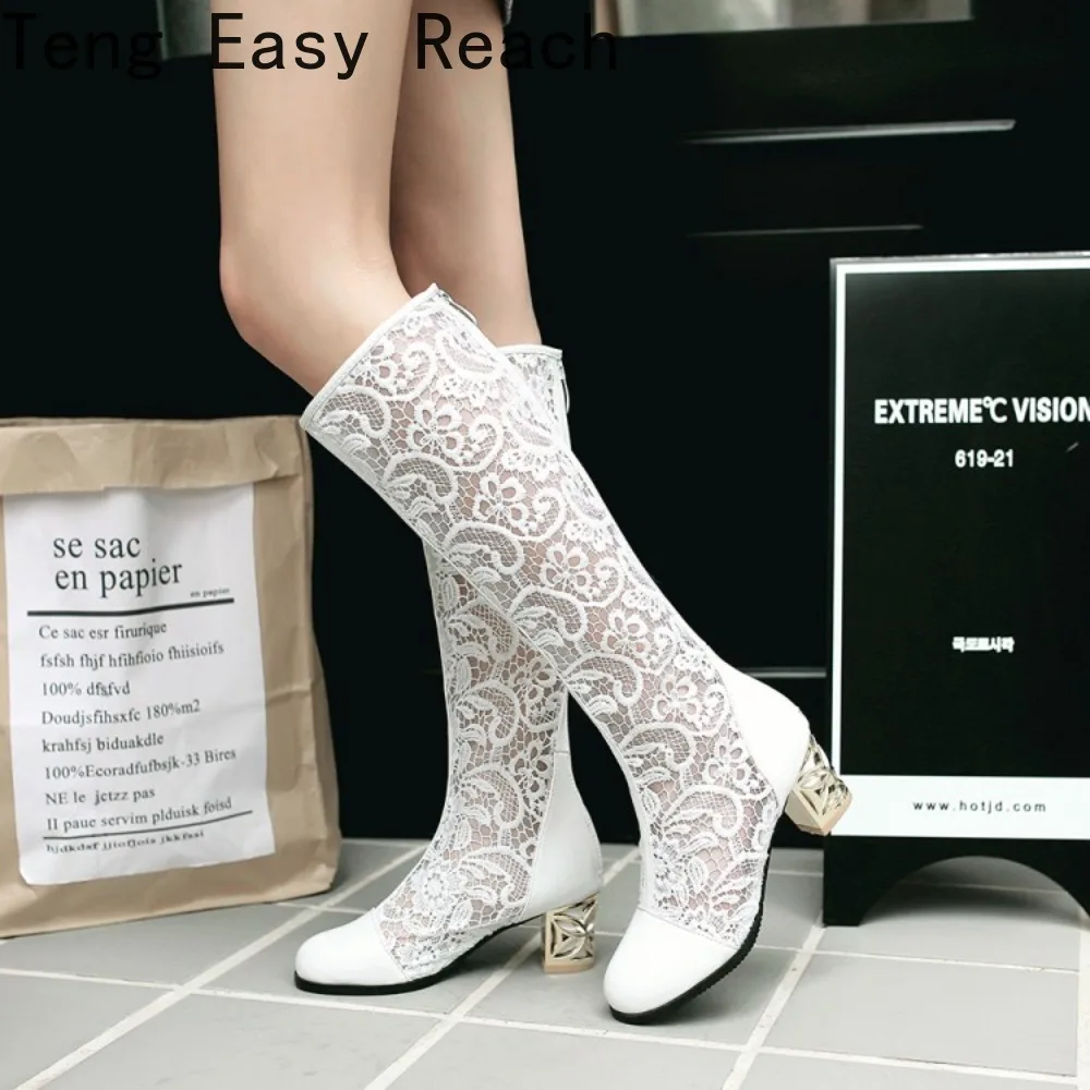 

Spring Summer Boots Shoes Women Med Heels Knee Flower Lace Female Zipper Glitter Sexy White Big Size 43 44 45