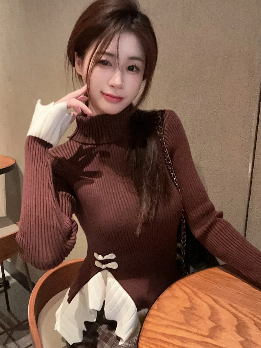 Gagarich Irregular Contrasting Color Plate Buckle Ruffle Edge Knitted Sweater Women Autumn High Neck Chinese Style Pullover